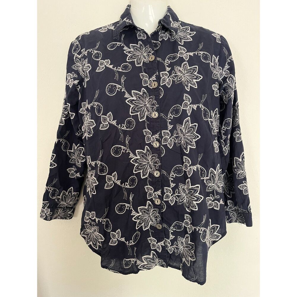 Coldwater Creek Women's Cotton Embroidered Blue Floral Blouse Button Up Sz PS